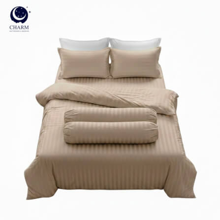 ชุดเครื่องนอน 6 ฟุต 6 ชิ้น CHARM ผ้าซาตินลายริ้ว สีเบจ_0